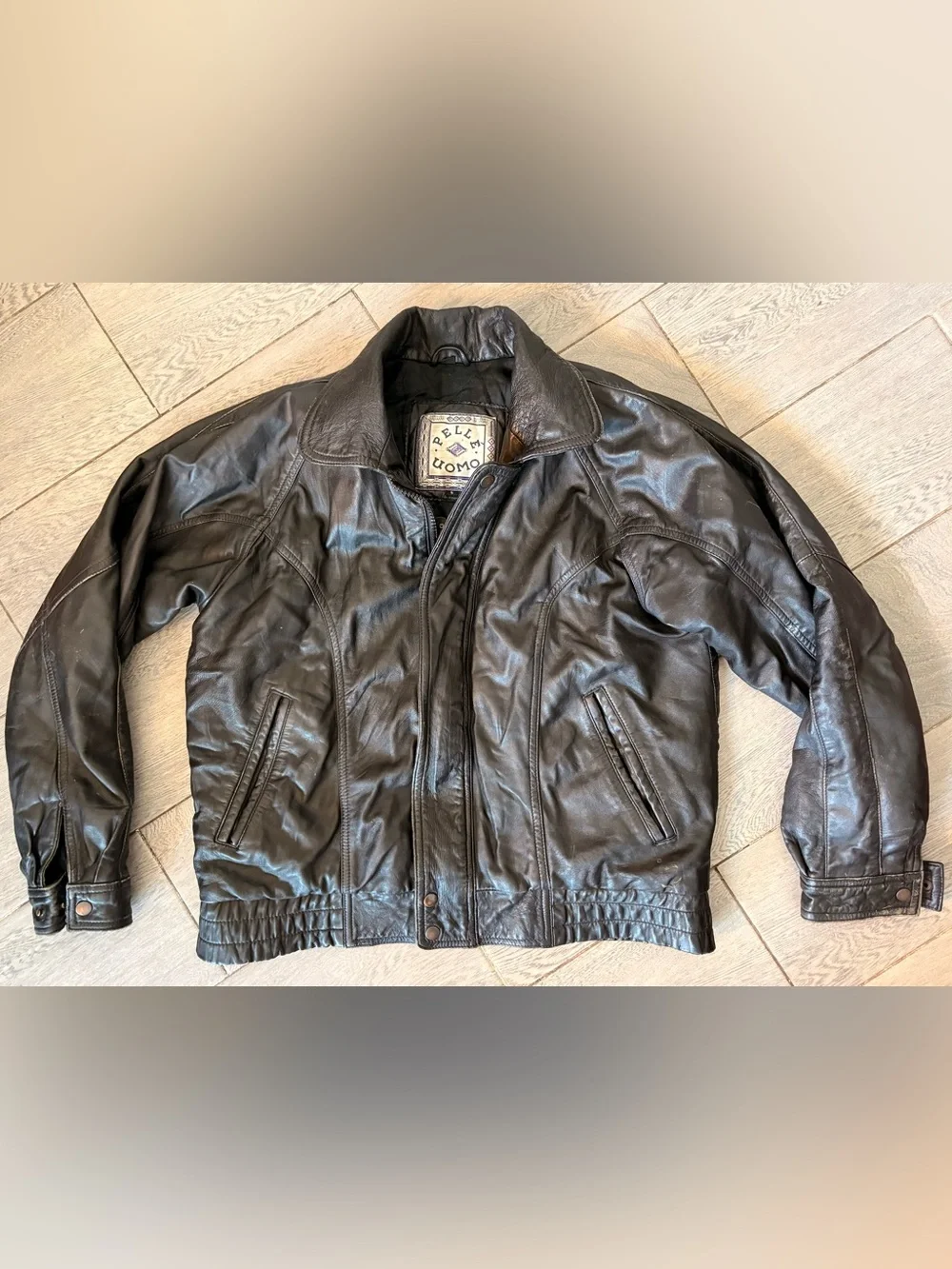 Vintage Pelle Uomo Black Leather Bomber Jacket Size Small Gorpcore Minimalist